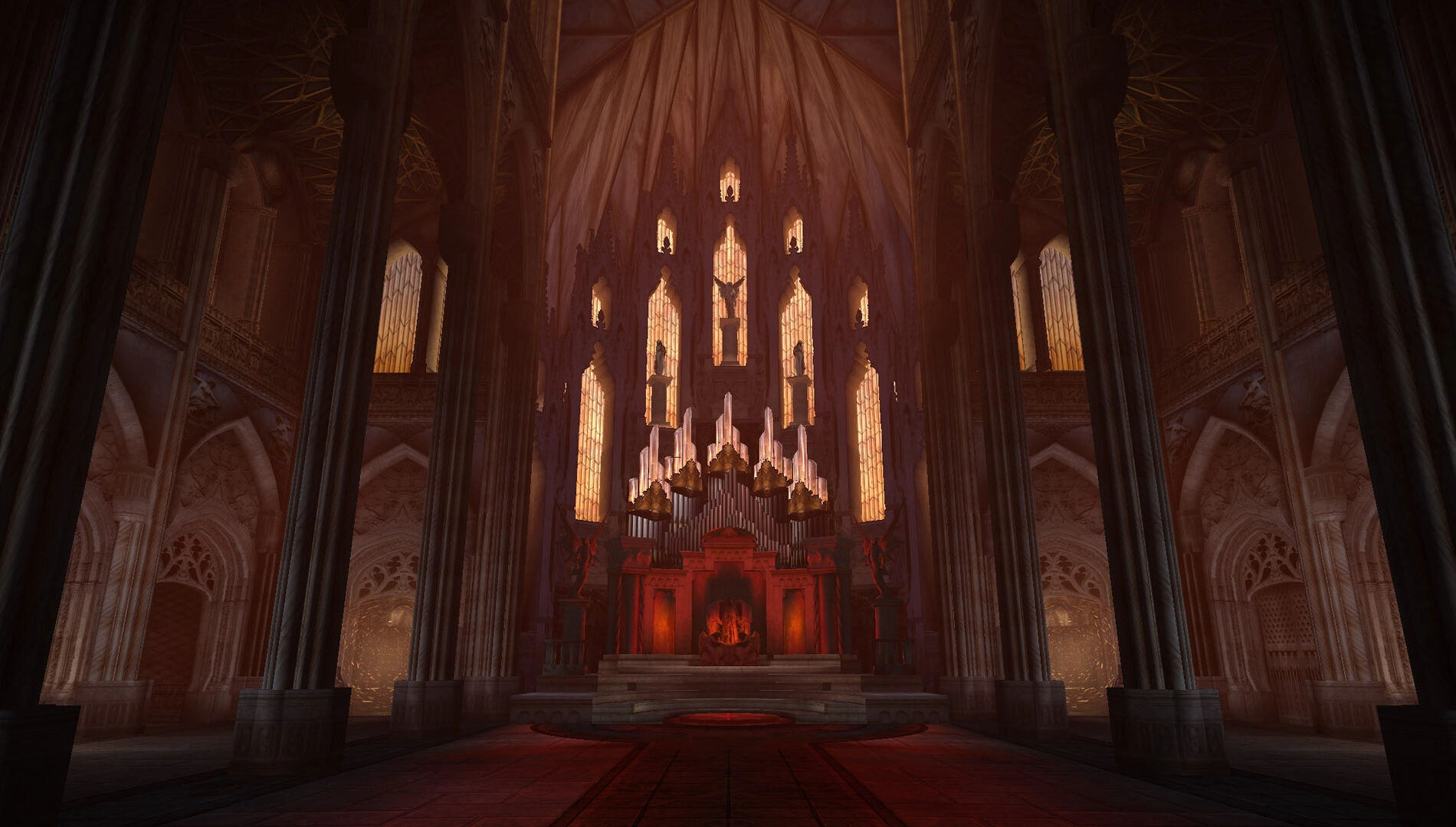 Gothic cathedral interior with towering columns and a grand organ, capturing dark fantasy ambiance