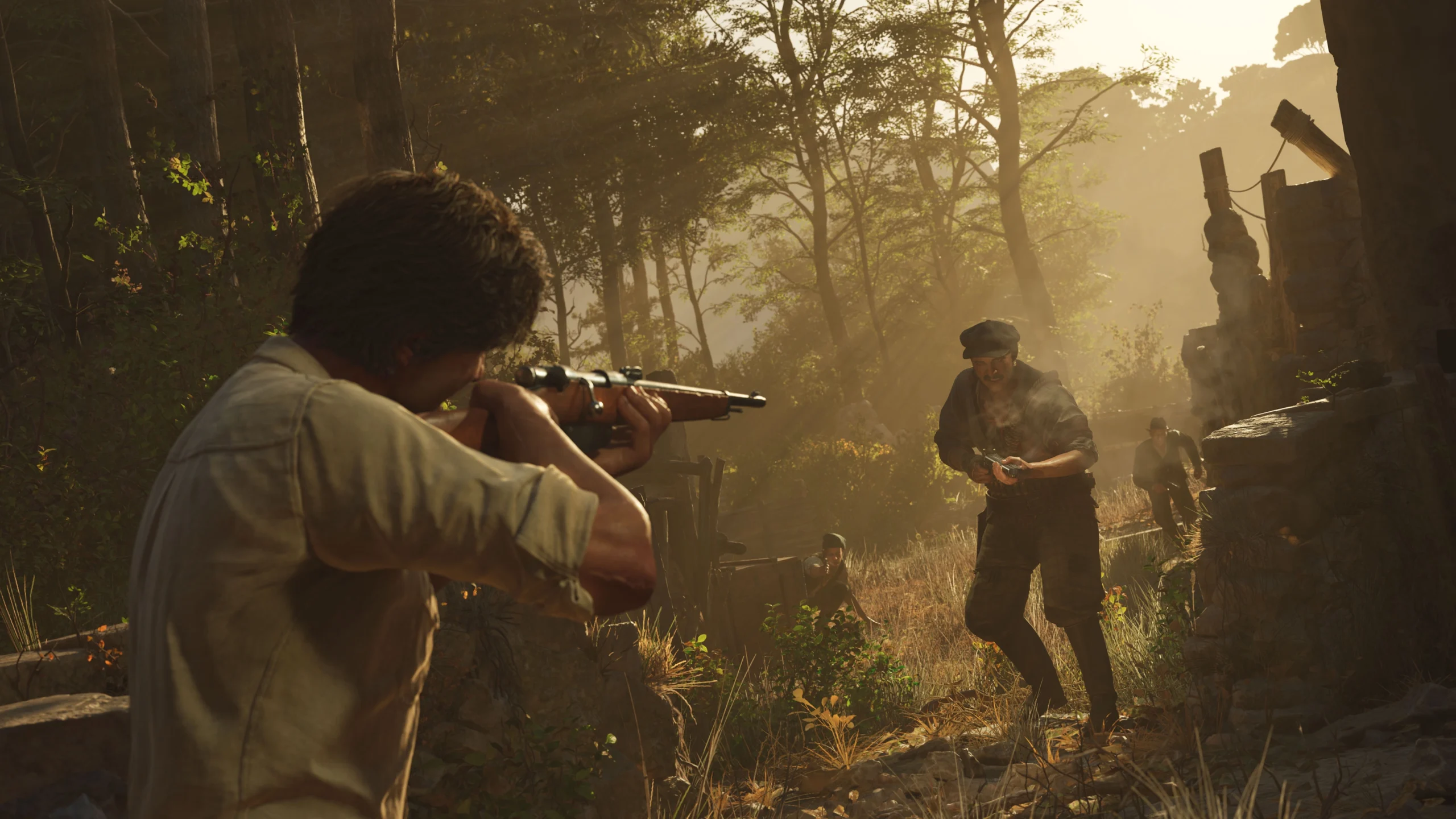 A tense standoff in a sunlit forest, with a man aiming a rifle at another holding a gun, capturing Mafia drama