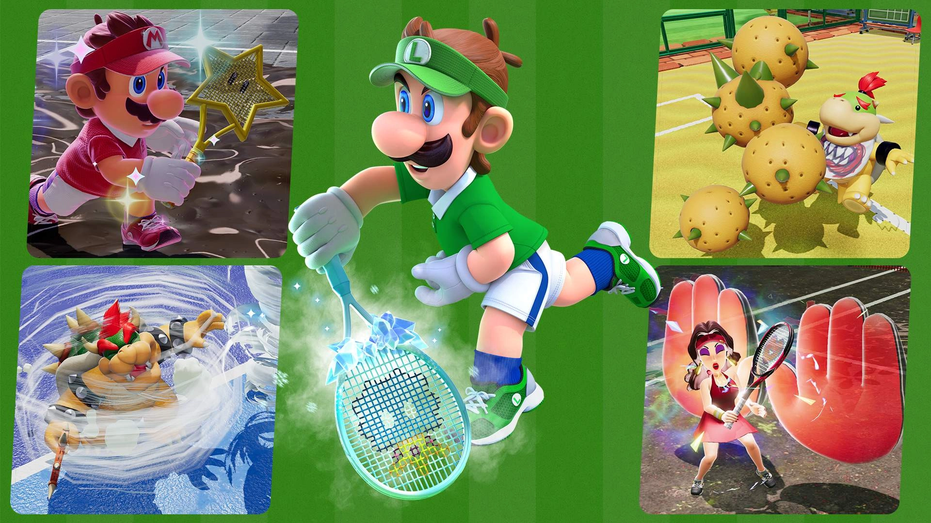 Mario characters playing tennis with Fever Rackets, featuring Luigi, Bowser, and others in action-packed scenes