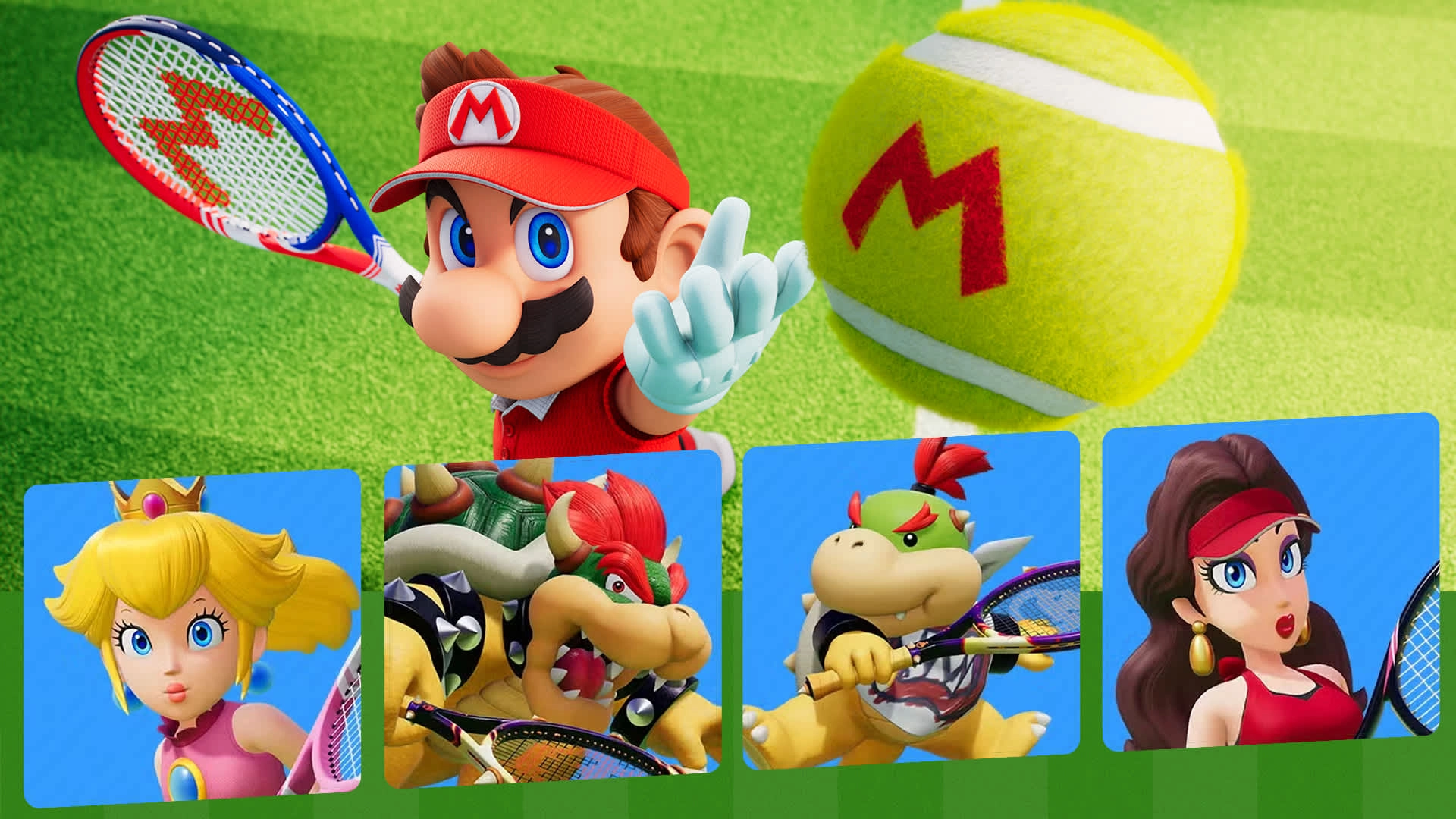 Mario and friends ready for action with Fever Rackets on a vibrant tennis court in Mario Tennis Fever