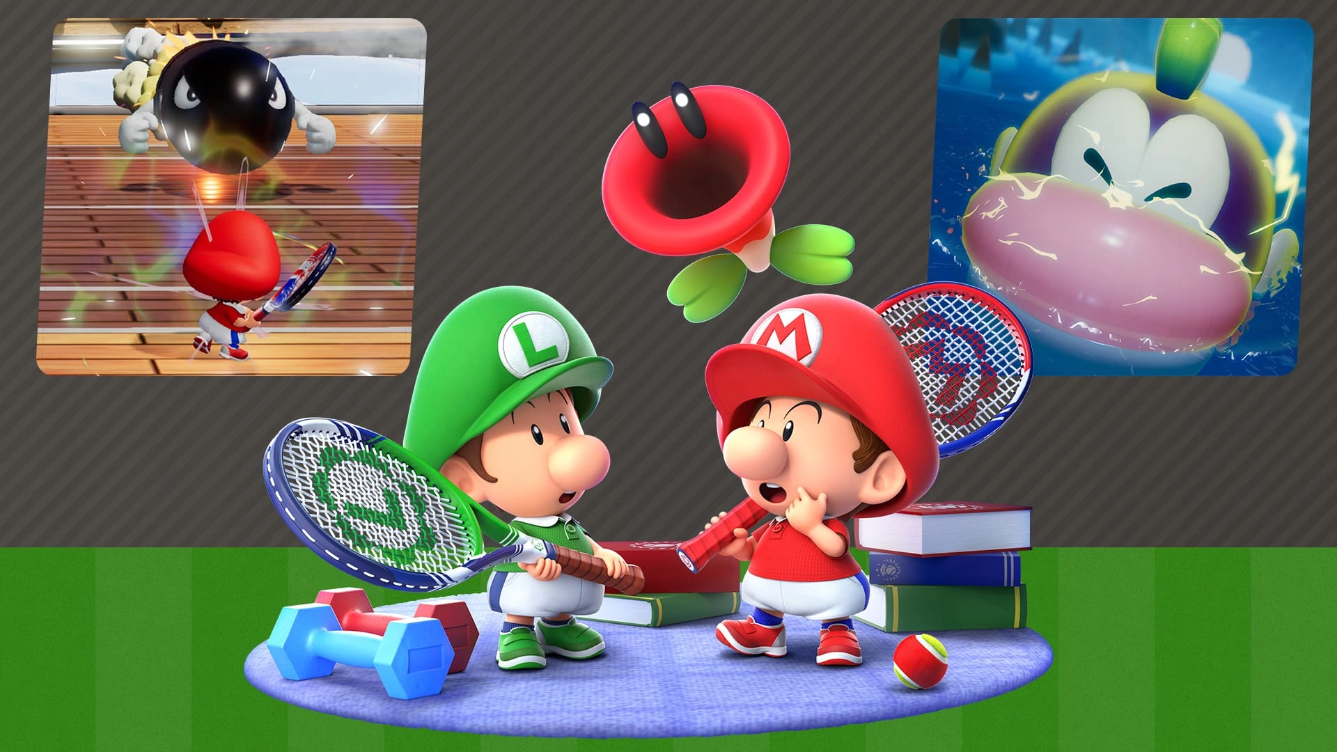 Mario and Luigi in tennis gear with Fever Rackets, surrounded by game action scenes and tennis equipment