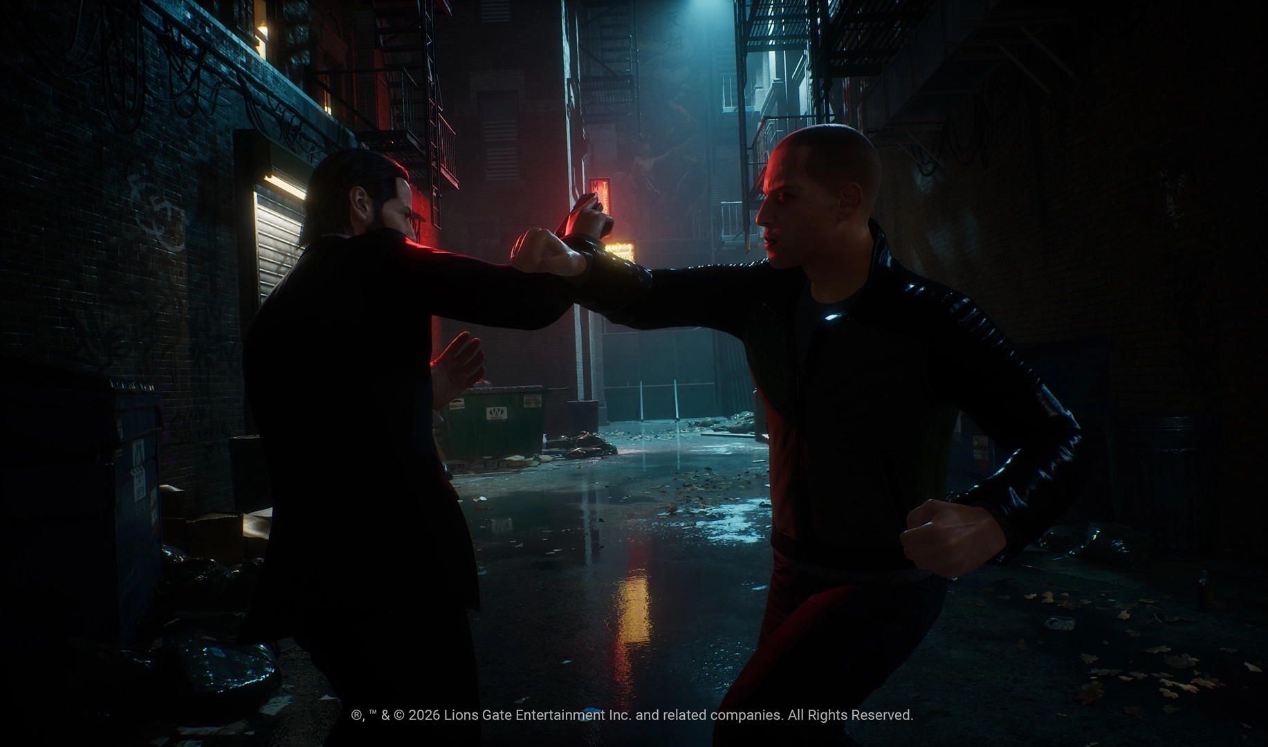 Two characters engage in a dramatic fight scene in a dimly lit alley, reflecting John Wick's intense action style