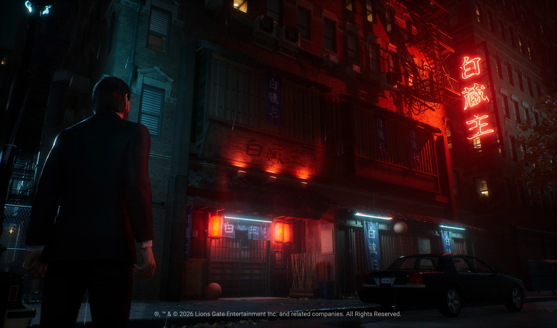 A man in a suit stands in a dimly lit alley with neon signs, creating a cinematic and intense atmosphere