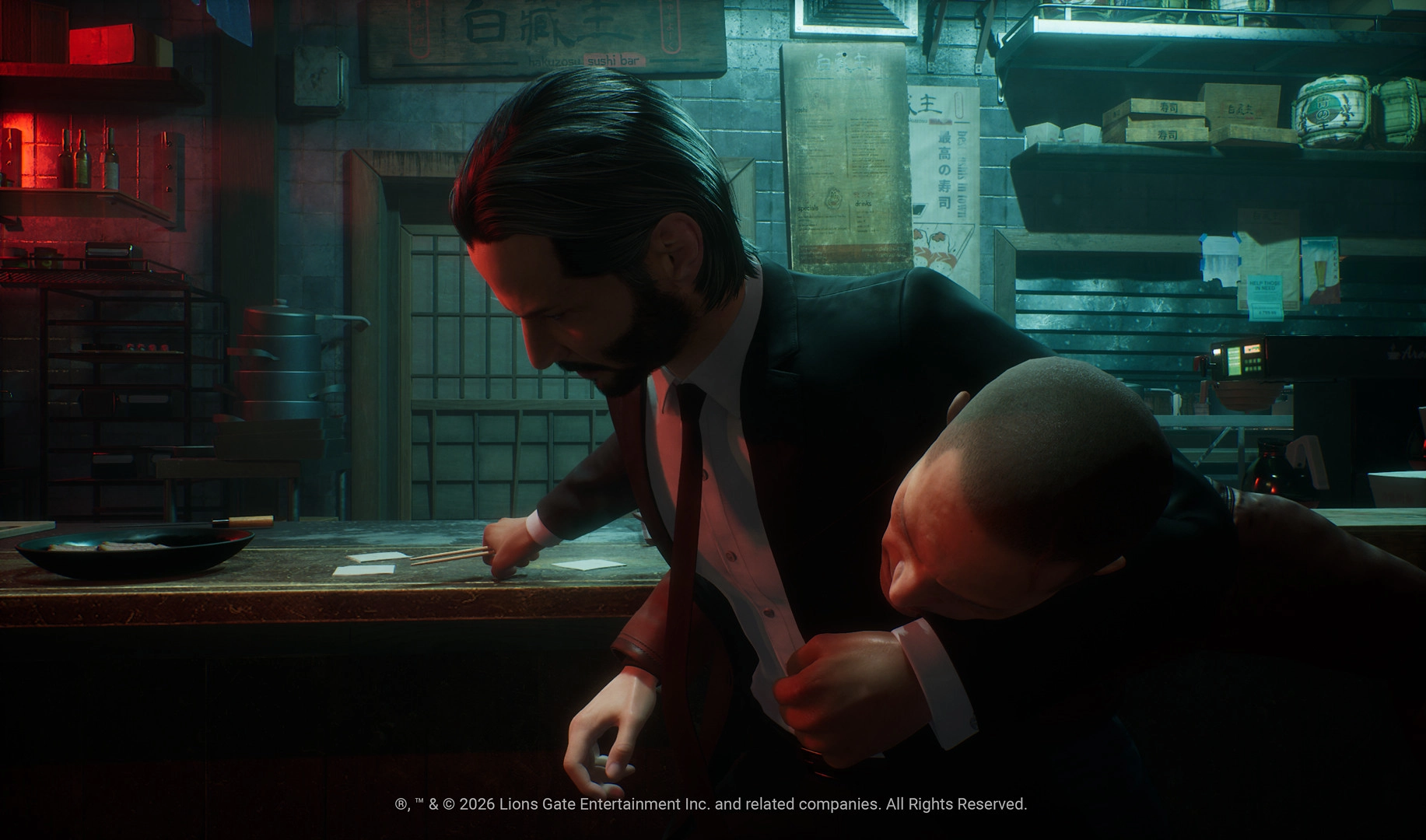 A suited man engages in a close-quarters combat scene in a dimly lit, atmospheric bar setting
