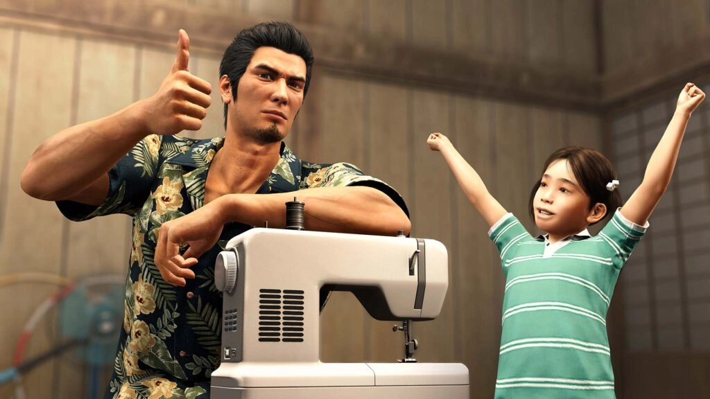 Kiryu gives a thumbs-up beside a sewing machine, with a smiling child raising arms in excitement