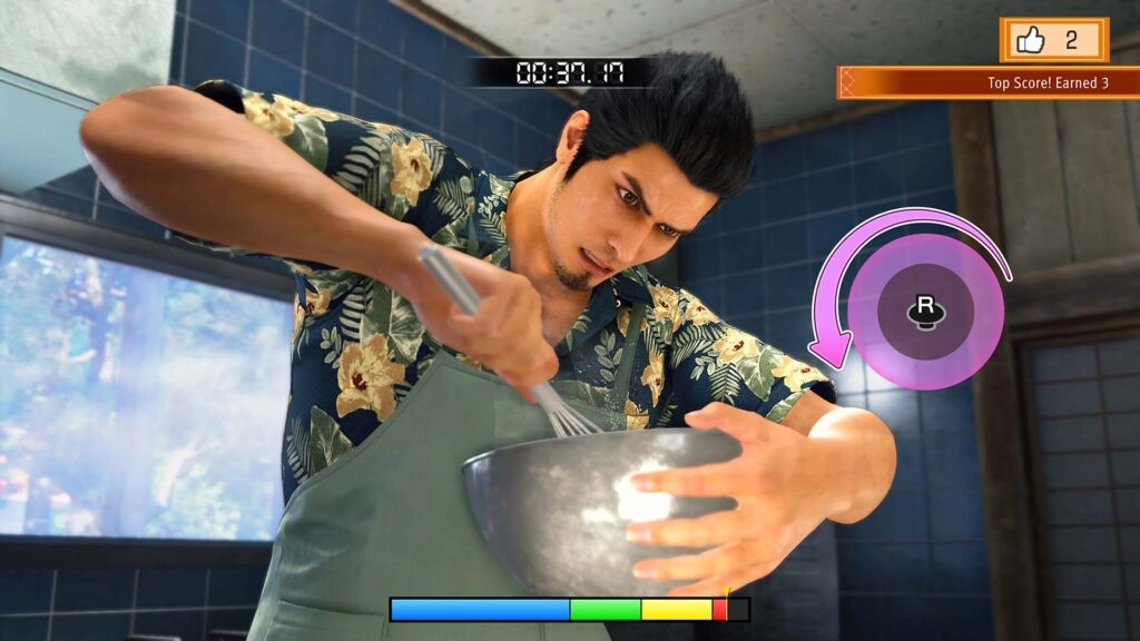Kiryu in a floral shirt intensely mixing ingredients in a bowl, part of a cooking mini-game challenge