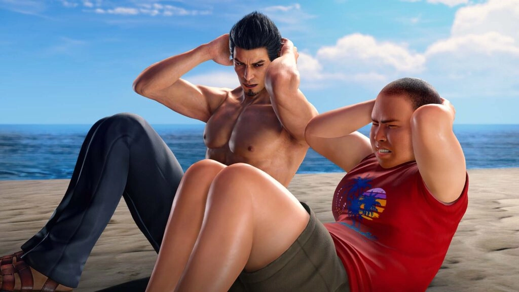 Two characters doing sit-ups on a beach, showcasing fitness training in Yakuza Kiwami 3's Okinawa setting