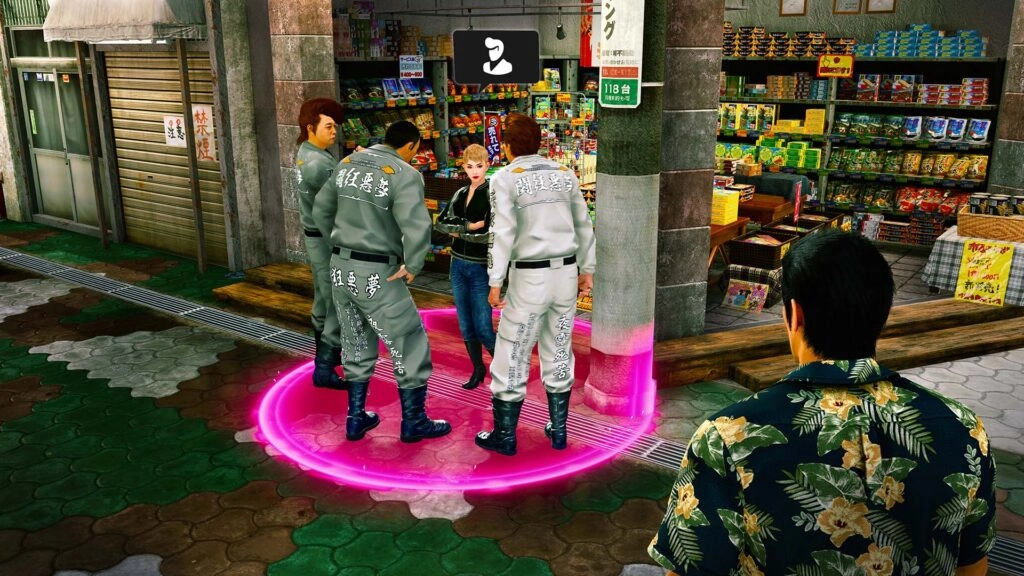 A group of people in a street market, surrounded by a glowing pink circle, discussing something important