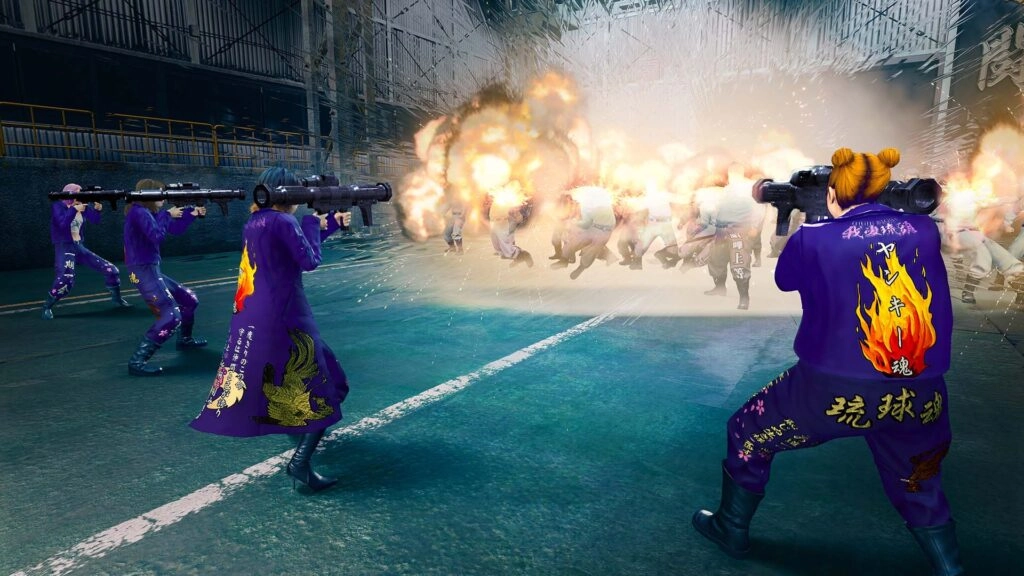 Gang members in purple outfits wielding rocket launchers amidst an explosion in a warehouse setting