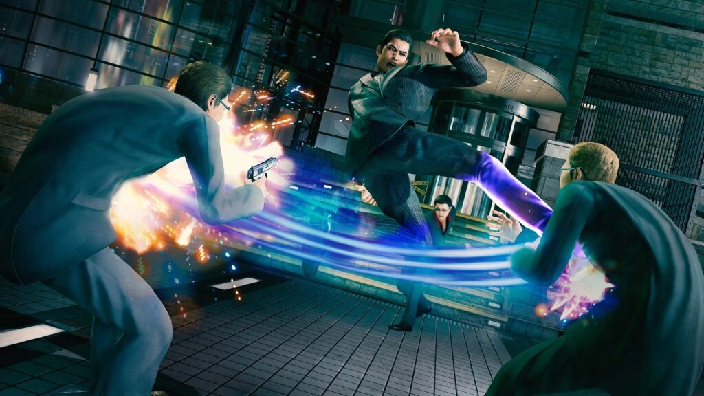 A dynamic fight scene with a man in a suit performing a powerful kick, surrounded by colorful energy bursts