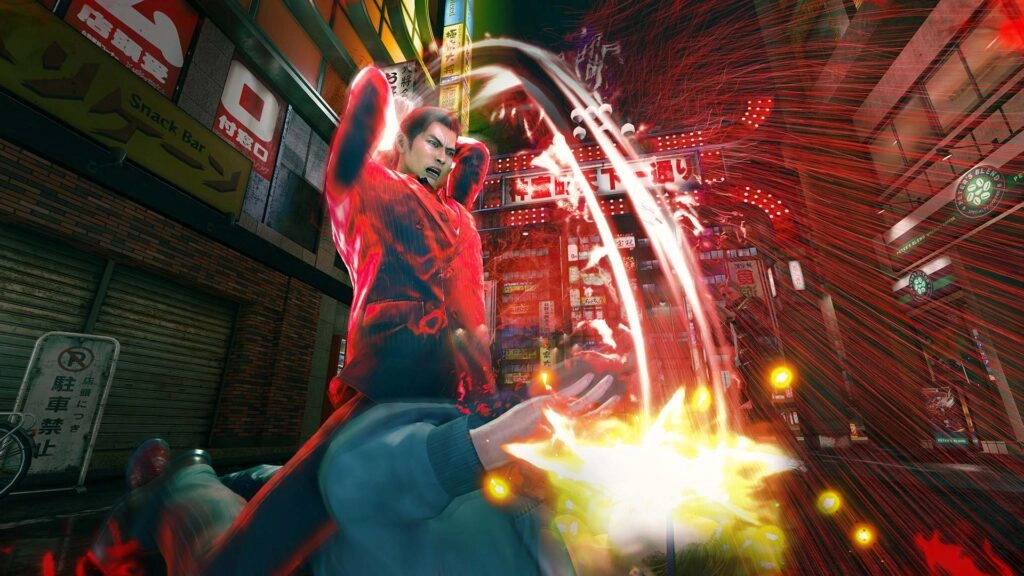 A dynamic street fight scene with a man in a red suit delivering a powerful punch, neon lights in background
