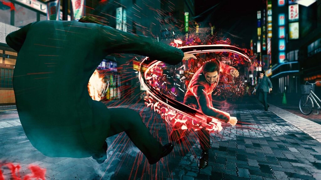 Dynamic street fight scene with a man in a red suit delivering a powerful kick to an opponent in a city setting