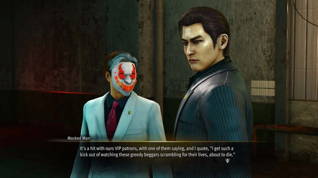 A man in a suit stands beside another wearing a mask, discussing intense underground fight club events