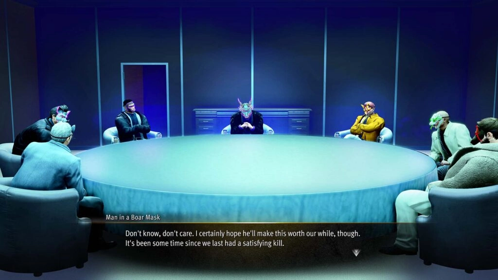 Seven masked individuals sit around a circular table in a dimly lit room, discussing a serious matter