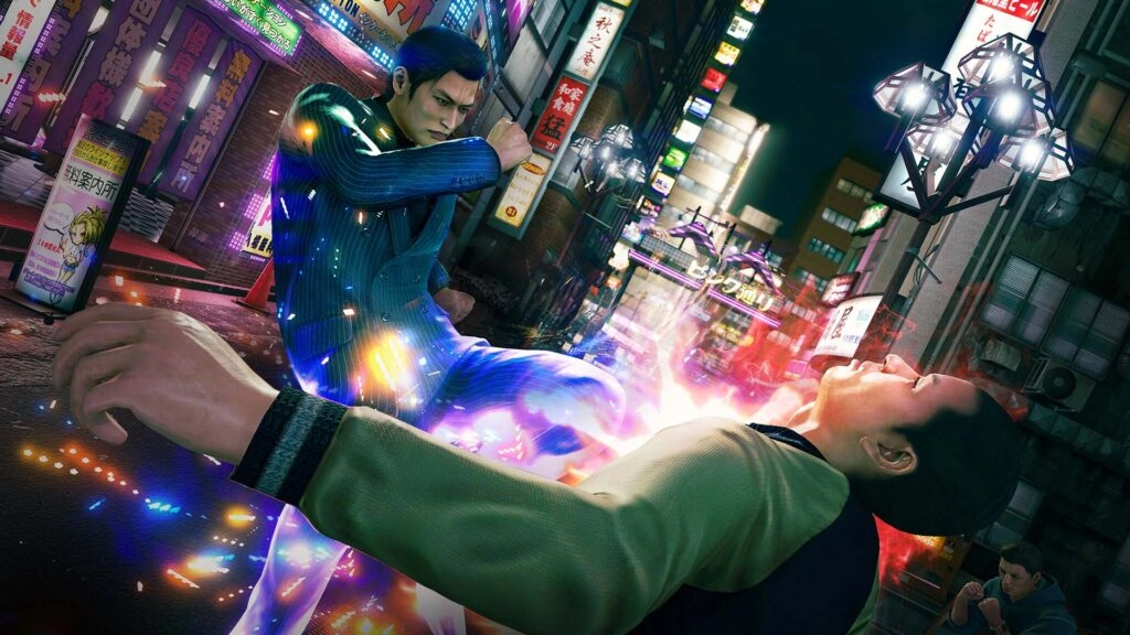A dynamic street fight scene with colorful energy effects in a vibrant urban setting at night