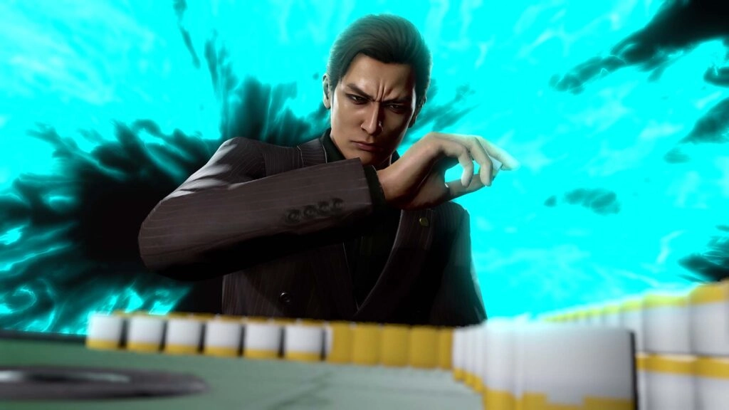 A man in a suit intensely plays a game, surrounded by a dynamic blue energy background