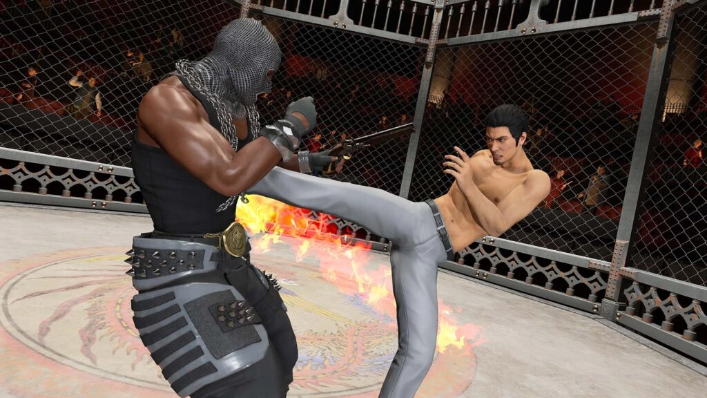 Fierce combat scene in Hell's Arena with a shirtless fighter delivering a fiery kick to an armored opponent