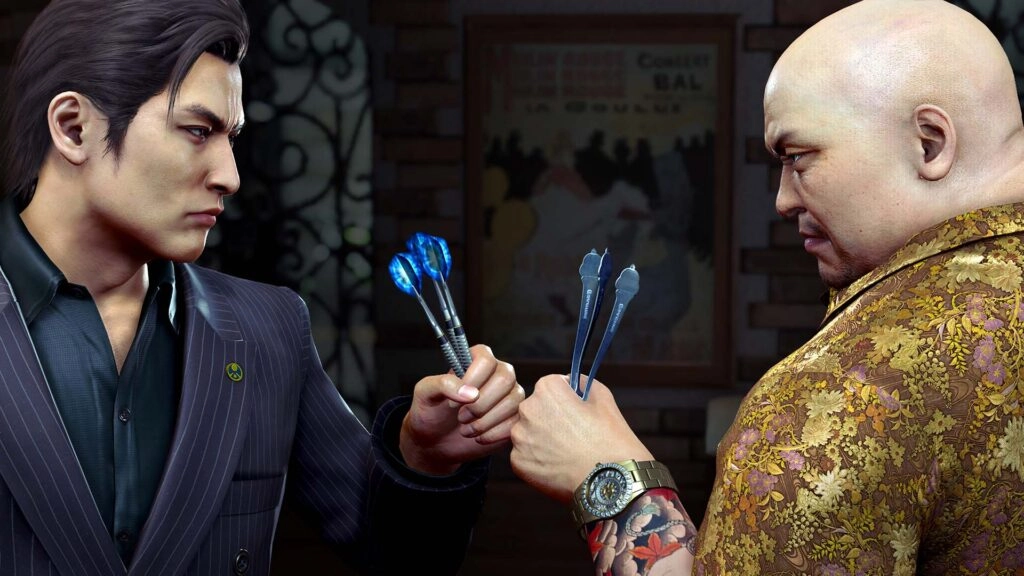 Two men in a tense face-off, each holding darts, set in a dimly lit room with a poster in the background