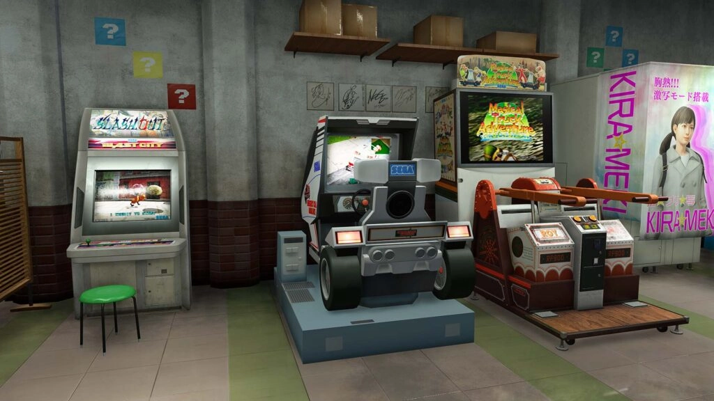 Arcade room with vintage gaming machines, including a racing game and a claw machine, in a retro setting