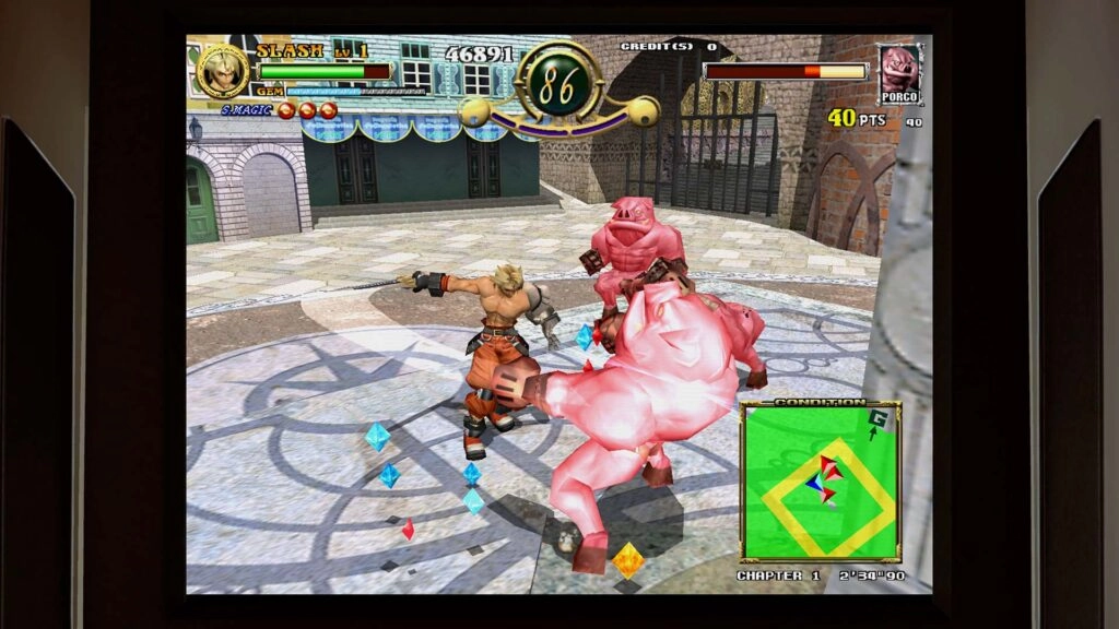 Video game screenshot showing a character fighting a pink creature in an arena with a HUD display
