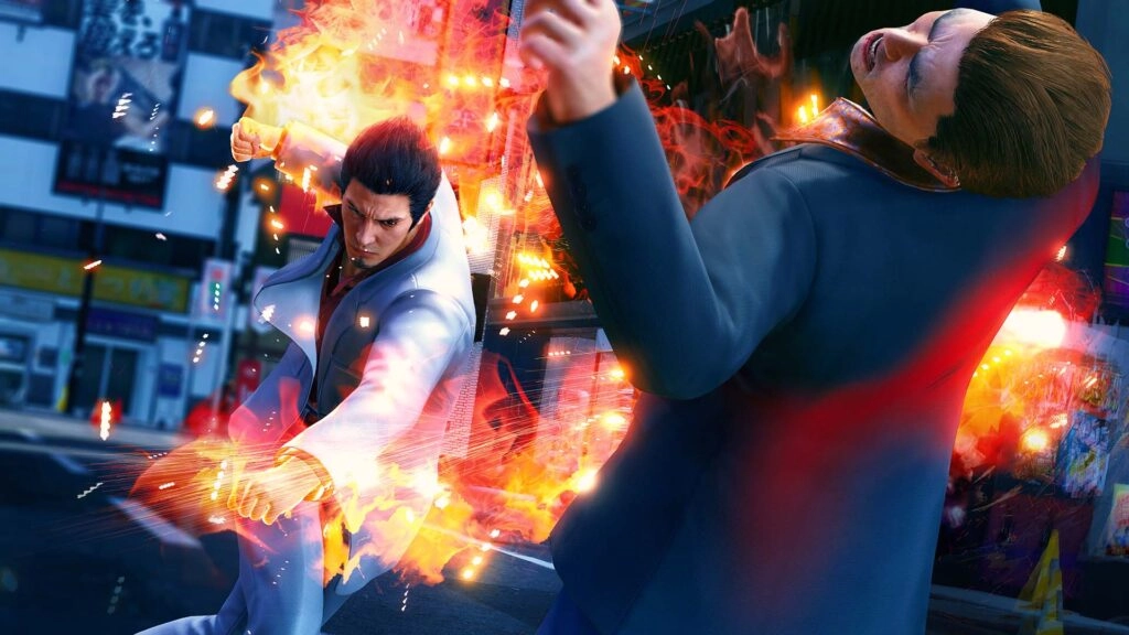 Kiryu unleashes a fiery punch on an opponent in a dynamic street fight scene from Yakuza Kiwami 3