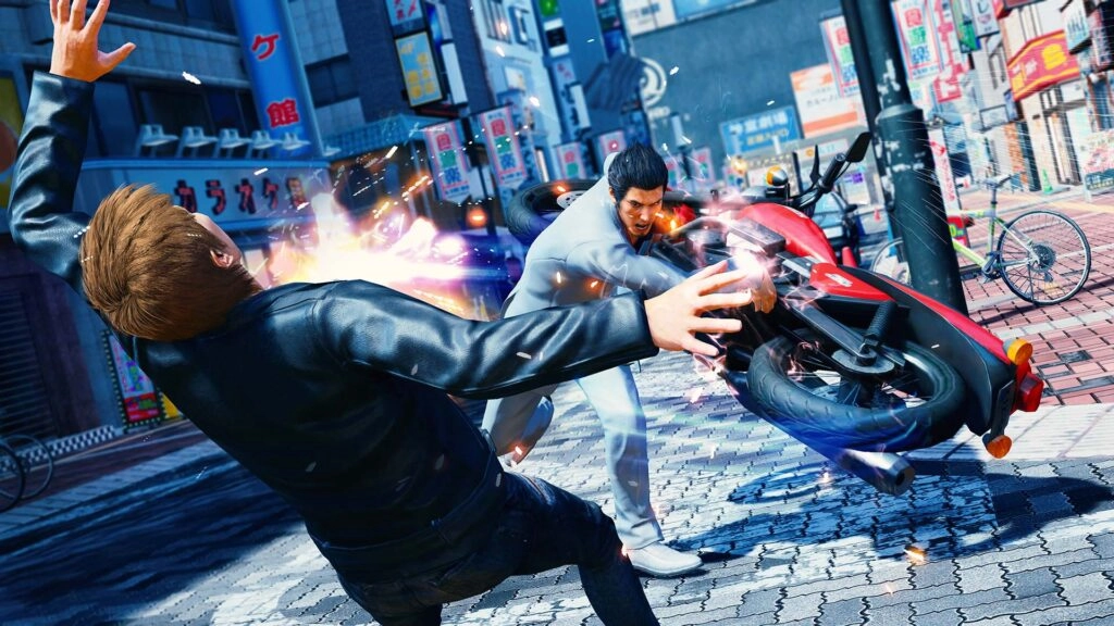A dynamic street fight scene with a man in a suit wielding a motorcycle against an opponent in a city setting