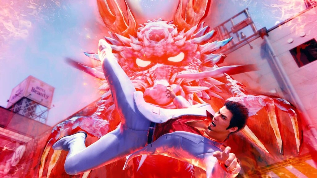 Kiryu in dynamic combat against a fiery dragon spirit, showcasing intense action from Yakuza Kiwami 3