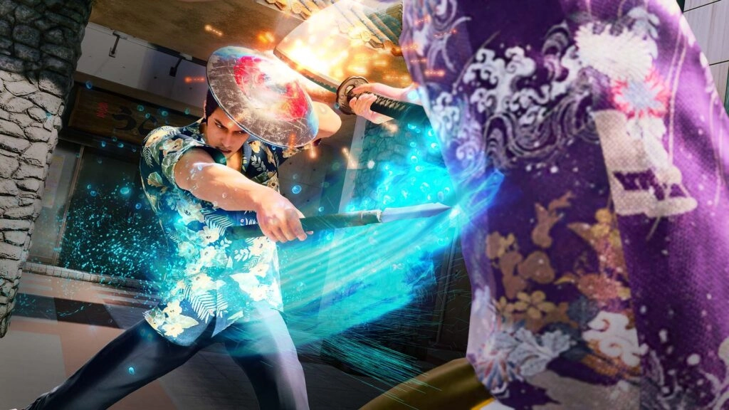 A dynamic sword fight scene with vibrant energy effects between two characters in colorful attire