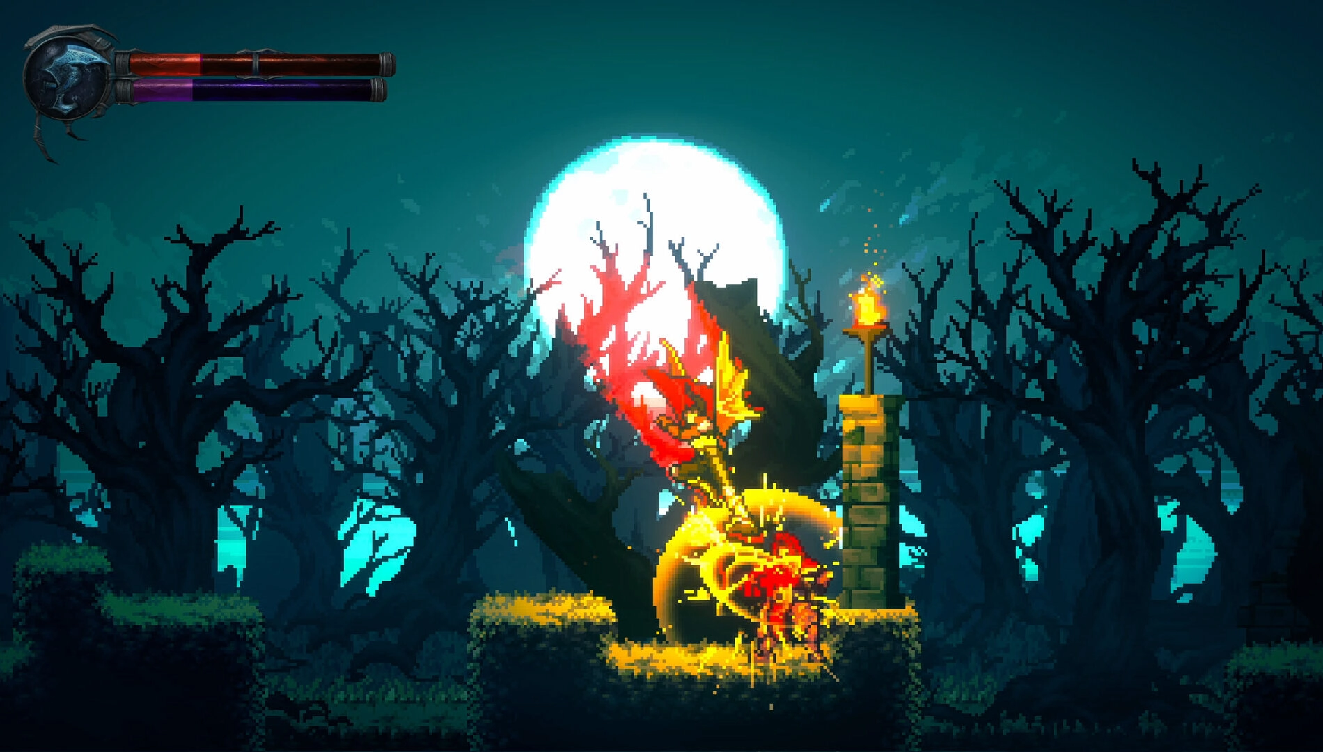 A warrior in a dark forest battles a glowing enemy under a full moon, showcasing pixel art style