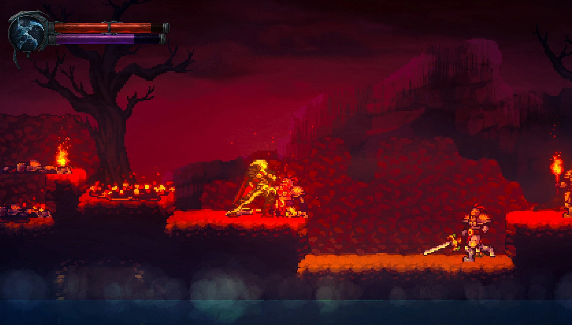 Dark, gothic 2D platformer scene with characters in combat, set in a fiery, ominous landscape