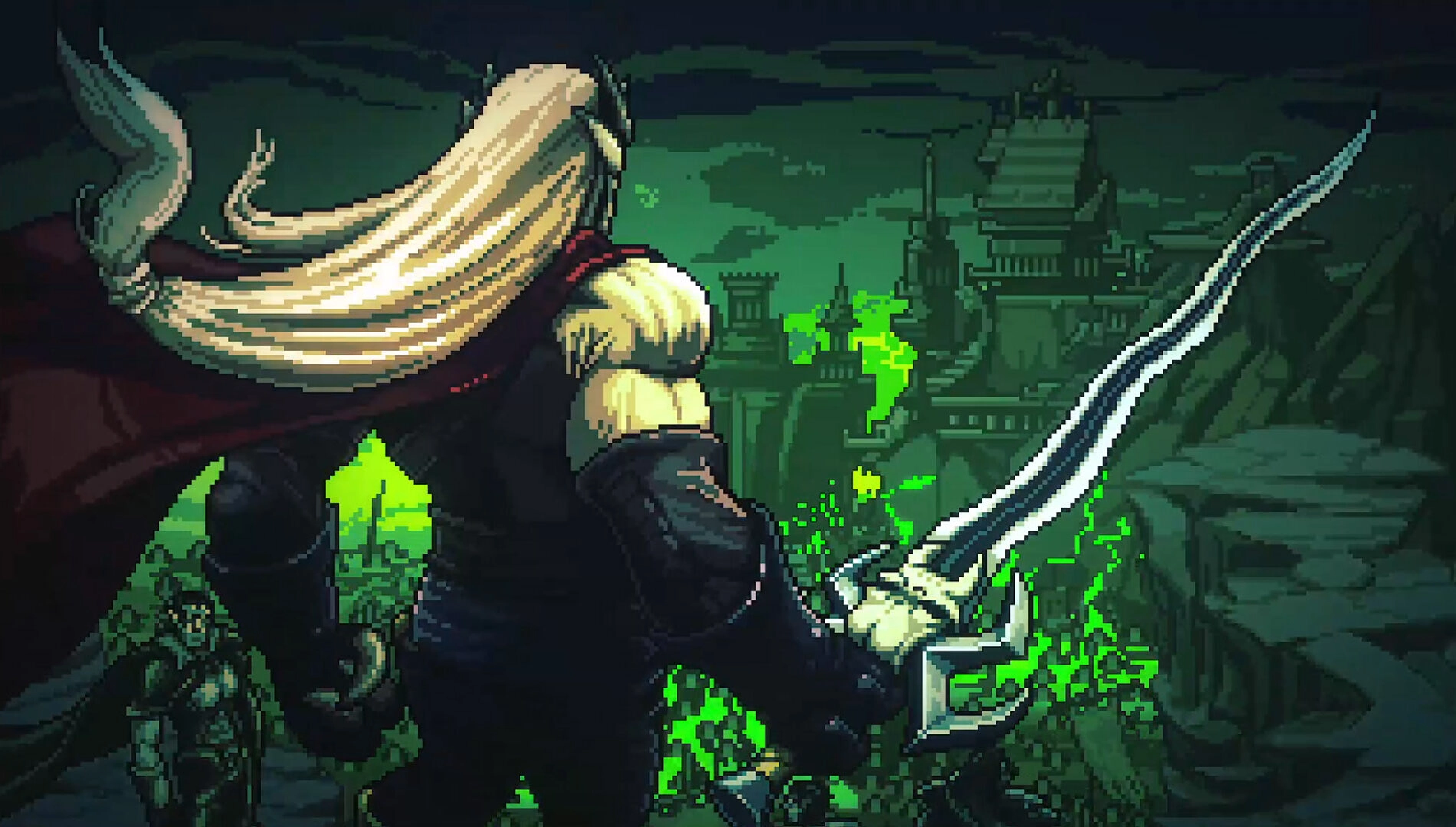 A warrior with long hair and a sword stands before a gothic castle, surrounded by a green, eerie glow