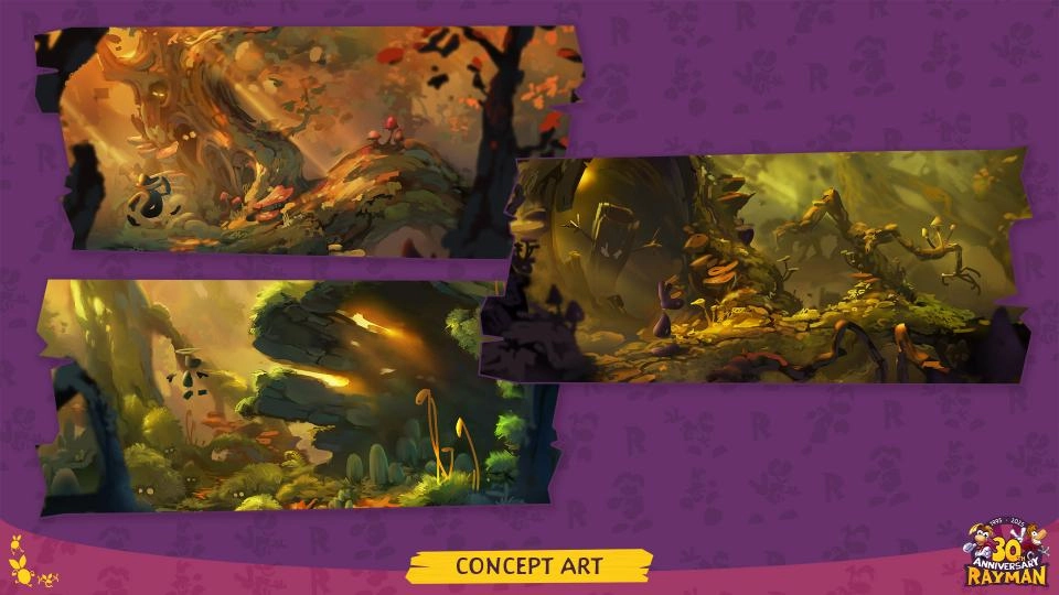 Colorful Rayman concept art showcasing vibrant forest scenes with lush foliage and mystical lighting