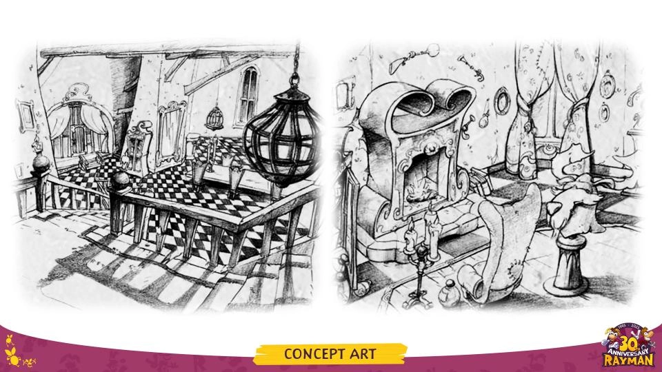 Rayman concept art showcasing a whimsical, checkerboard-floored room with intricate details and furnishings