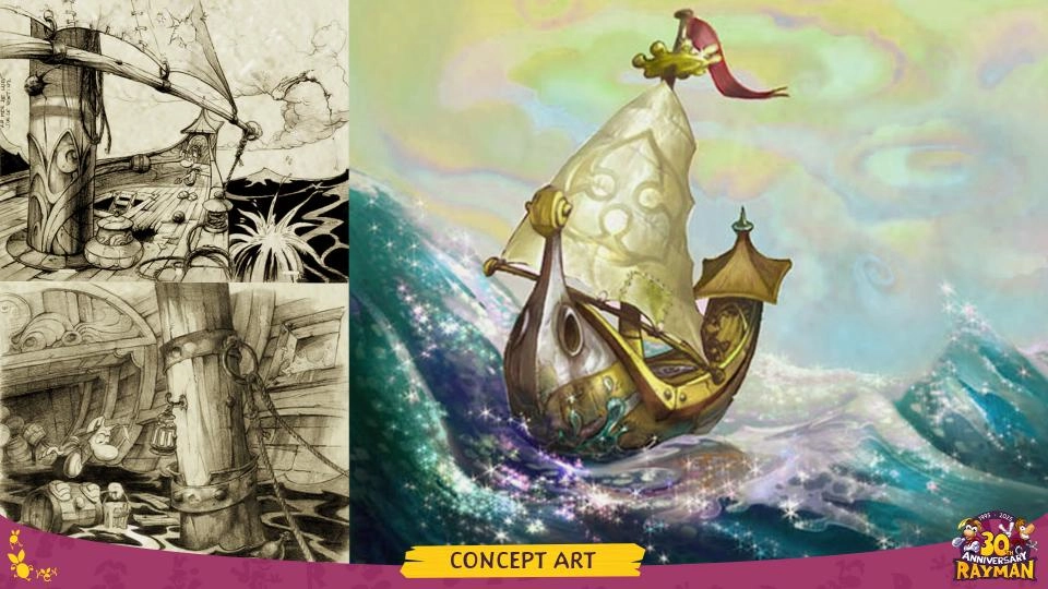 Rayman concept art featuring a whimsical boat sailing on vibrant waters, celebrating 30 years of Rayman adventures