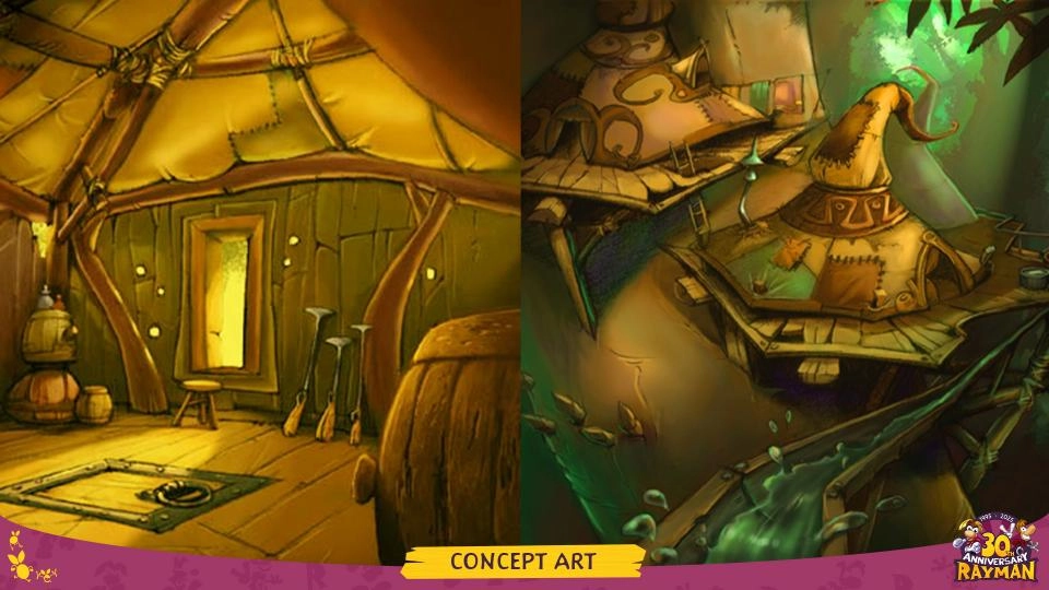 Rayman concept art featuring a cozy wooden interior and whimsical treehouse structures in a forest setting