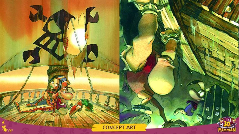 Rayman concept art showing characters on a ship deck, celebrating 30 years of Rayman adventures