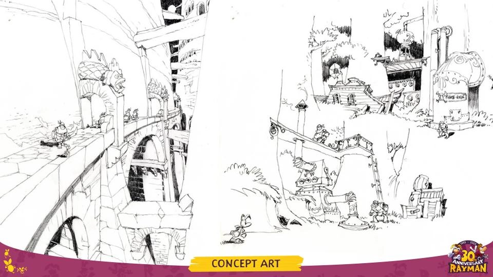 Rayman concept art showcasing detailed sketches of whimsical environments and characters in action