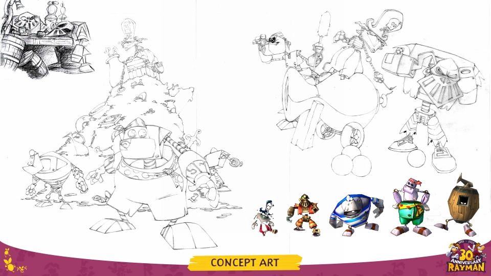 Rayman concept art featuring various character sketches and designs, celebrating 30 years of Rayman adventures
