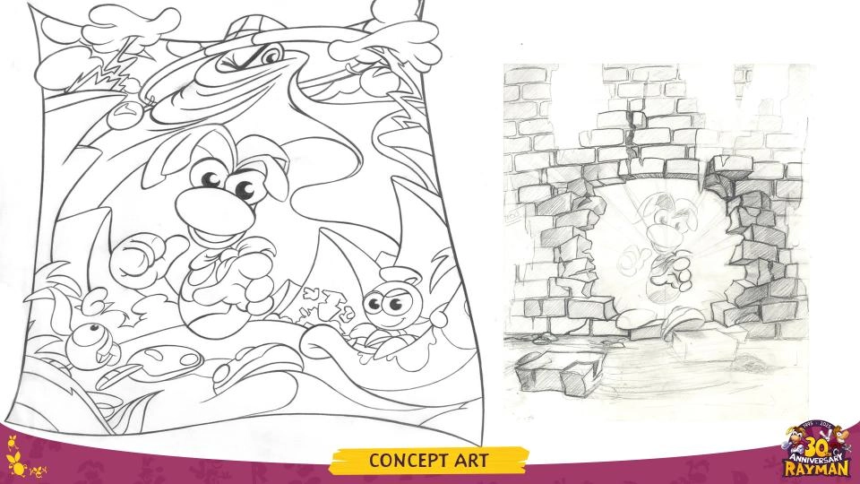 Rayman concept art featuring dynamic sketches of Rayman in action, celebrating 30 years of adventures