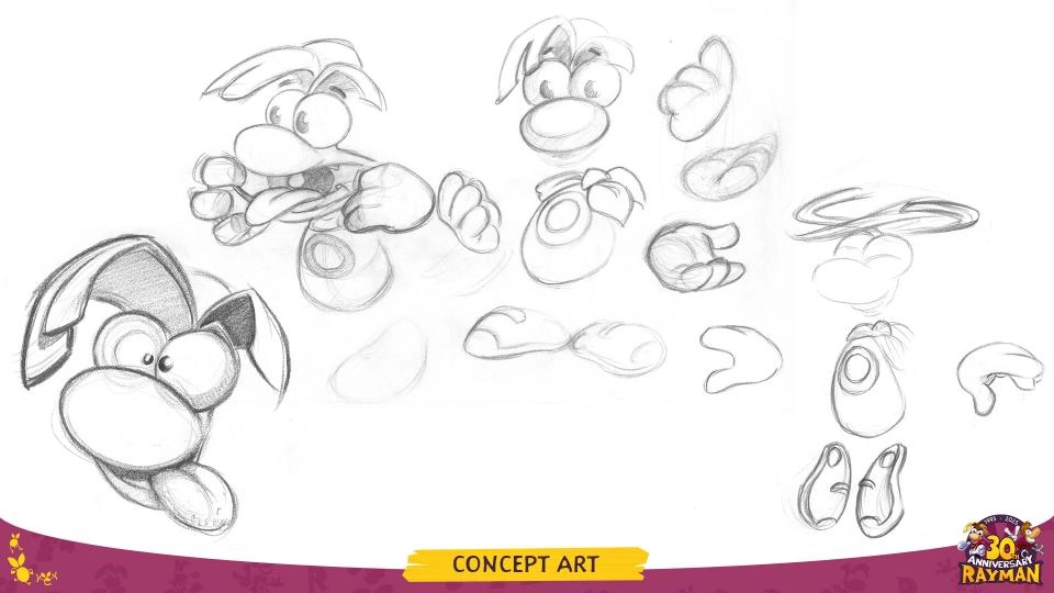 Sketches of Rayman character designs featuring various facial expressions and hand gestures, celebrating 30 years