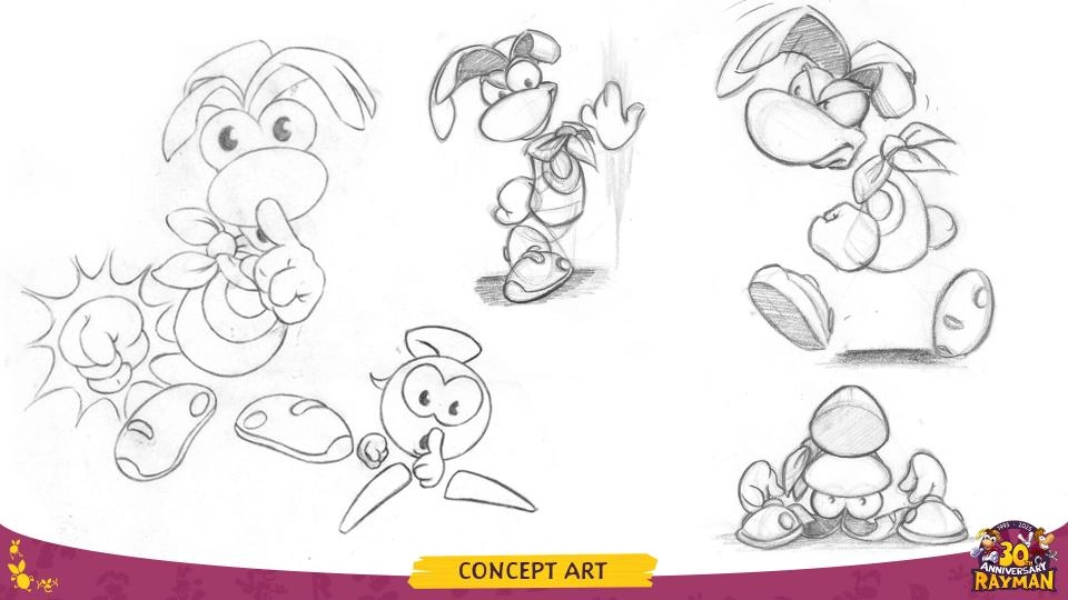 Rayman concept sketches showcasing various poses and expressions, celebrating 30 years of Rayman adventures