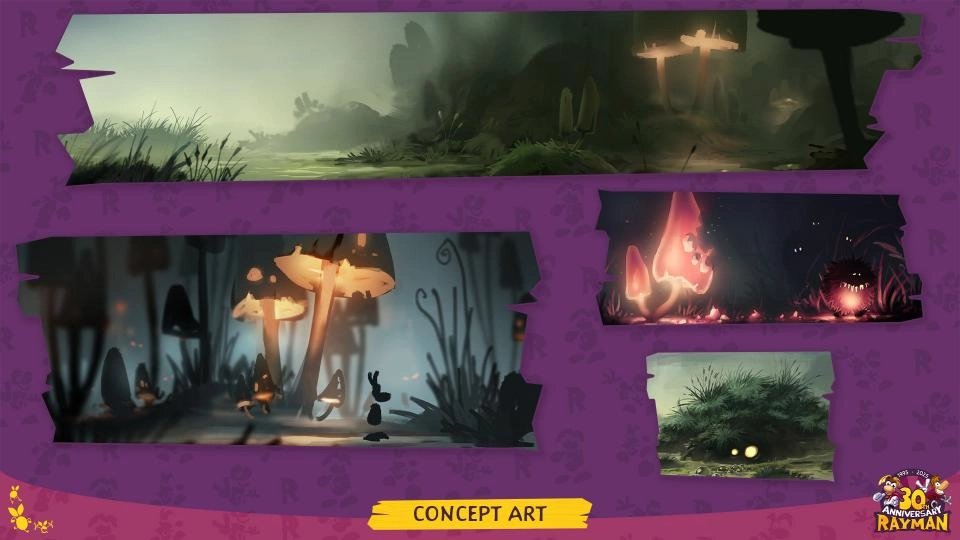 Concept art showcasing mystical forest scenes with glowing mushrooms and hidden creatures, celebrating Rayman