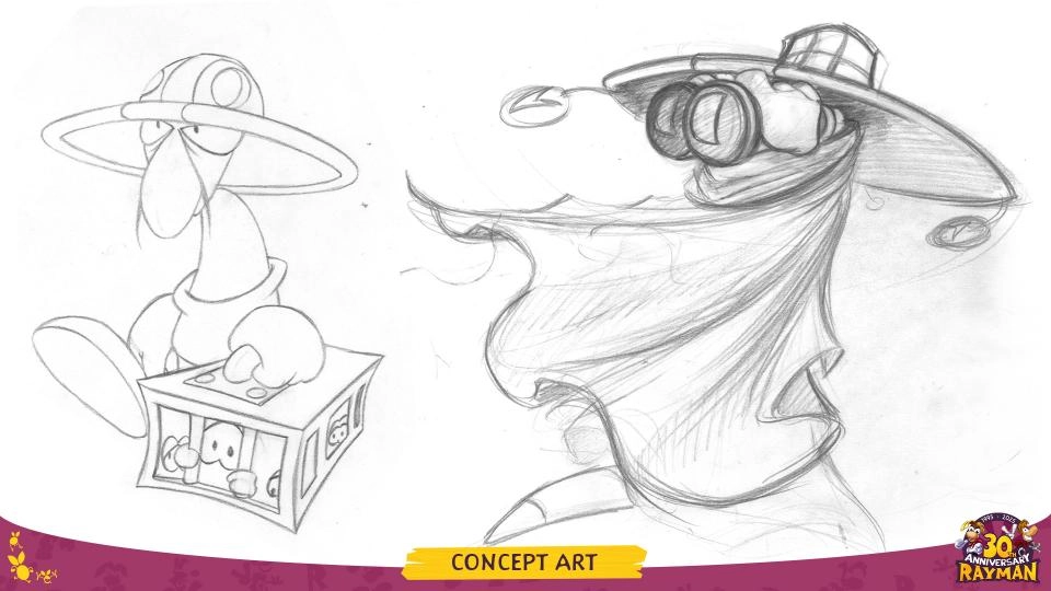 Sketch of a whimsical character in a hat and cape, part of Rayman concept art for anniversary celebration