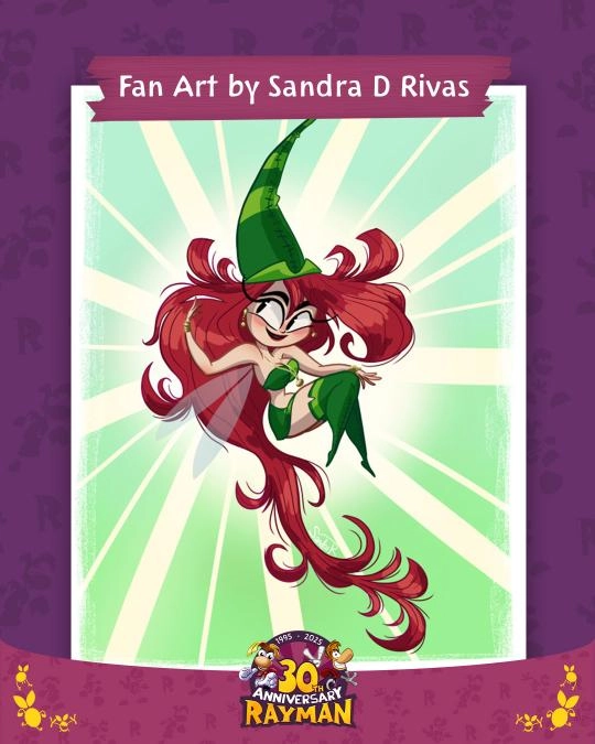 A vibrant fan art of a whimsical character with red hair and a green outfit, celebrating Rayman's 30th anniversary