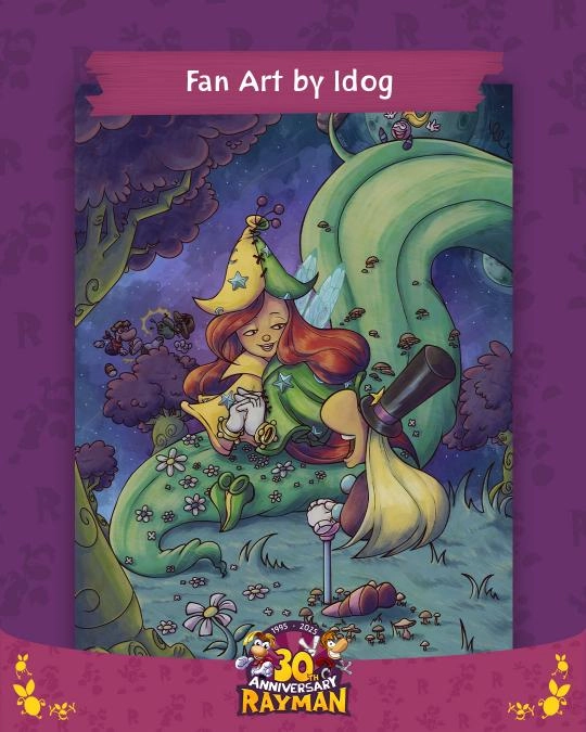 A whimsical Rayman fan art featuring a character in a wizard hat, surrounded by a magical forest scene