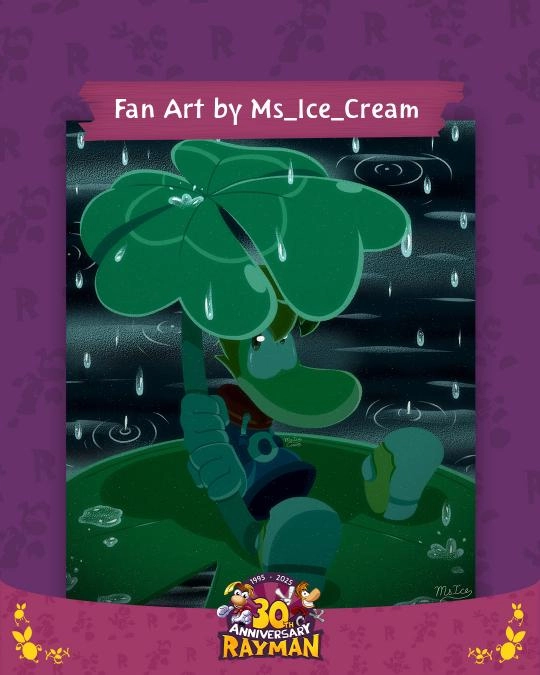 Rayman character in fan art holding a large leaf umbrella in the rain, celebrating 30th anniversary