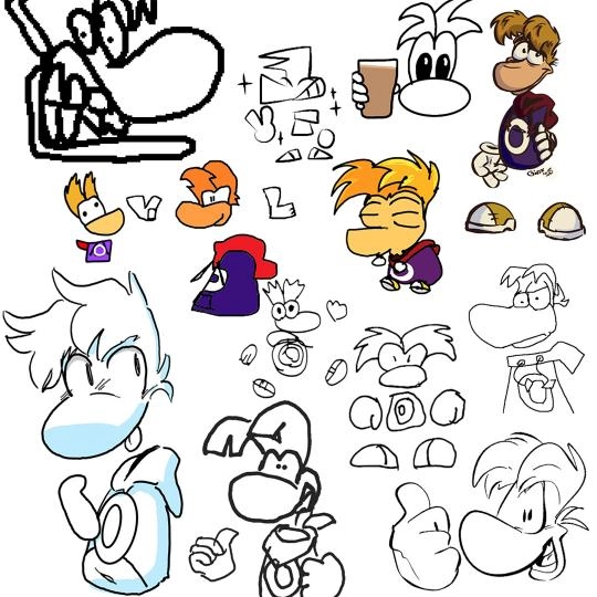 Various Rayman character sketches and illustrations celebrating 30 years of Rayman adventures and creativity