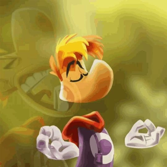 Rayman character in a meditative pose with a serene expression, set against a warm, glowing background