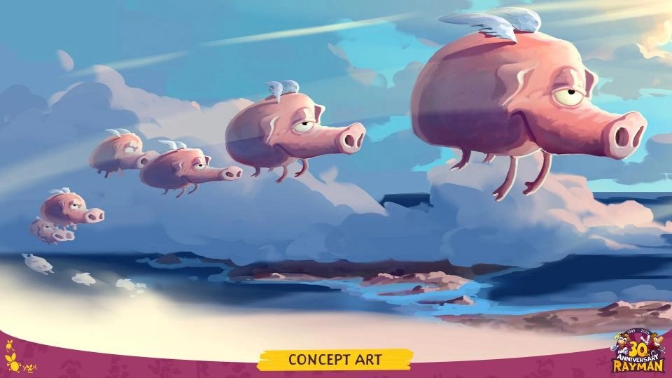Flying pigs with wings soar through a cloudy sky in whimsical Rayman concept art for the 30th anniversary