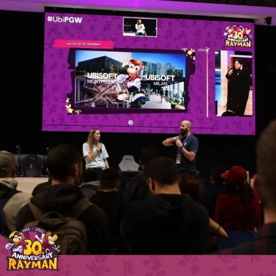 Audience watching a Rayman presentation at Paris Games Week, celebrating 30 years of Rayman adventures